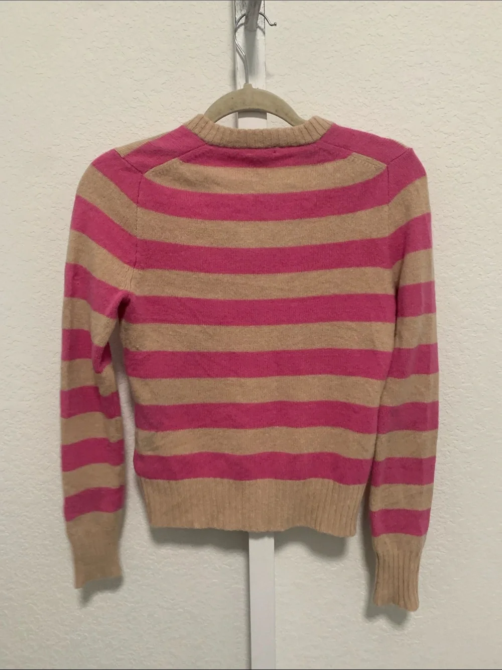 Y2K J. Crew Pink and Tan Striped V-Neck Wool Sweater